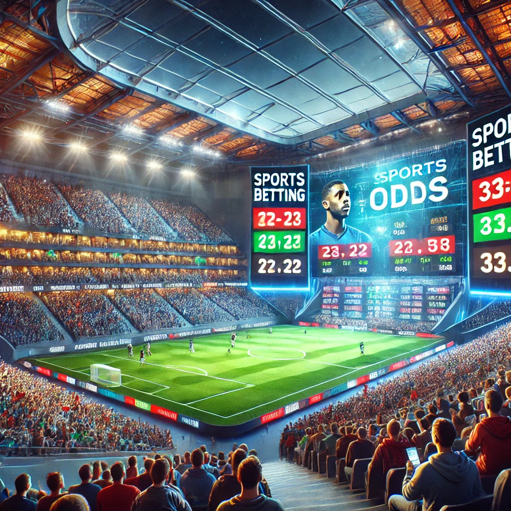modern sports stadium filled with cheering fans, large screens displaying live betting odds, and vibrant advertisements for sports betting platformsguncel giris
